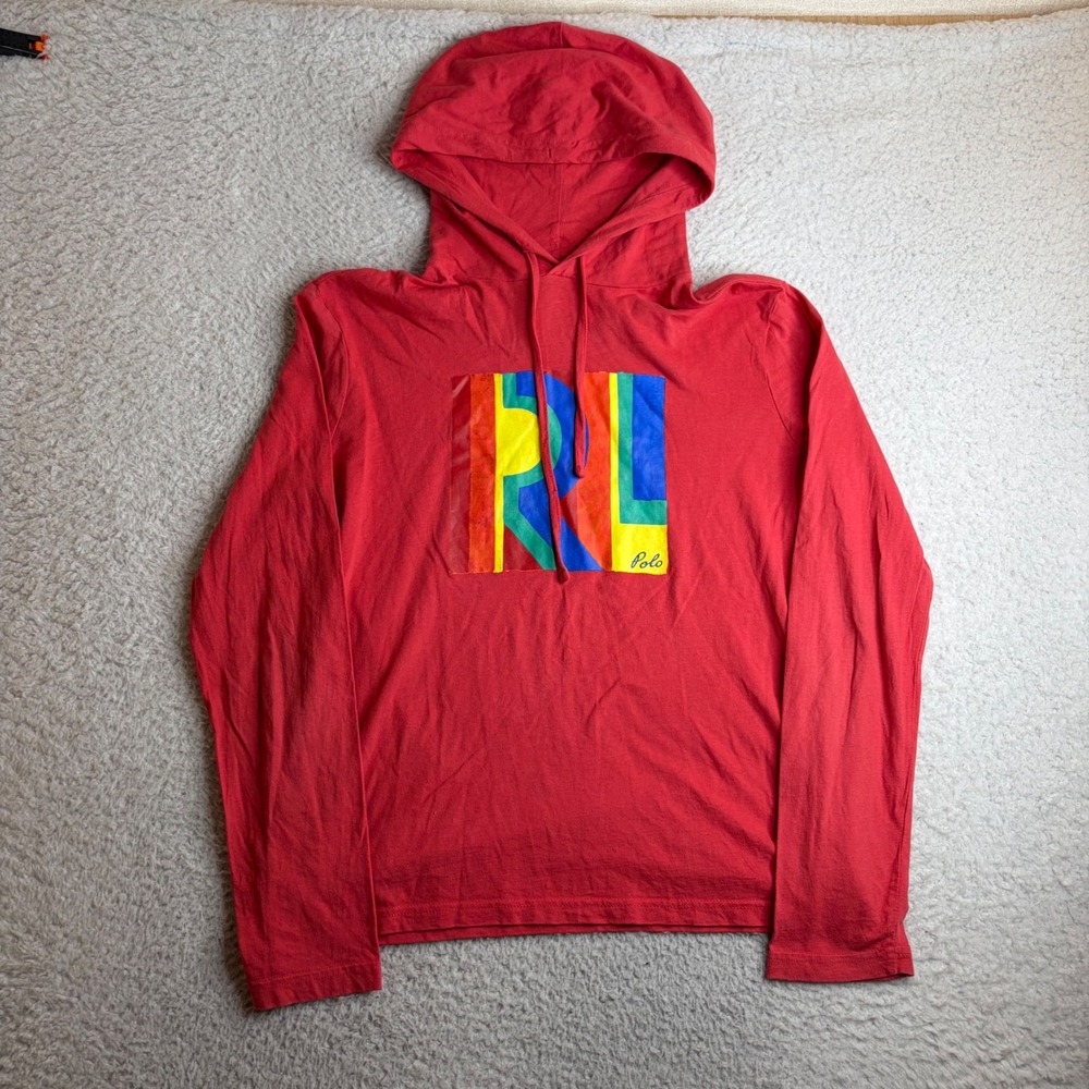 Polo Ralph Lauren Mens Red Graphic PRL Logo Long Sleeve Hooded T-Shirt Size M
